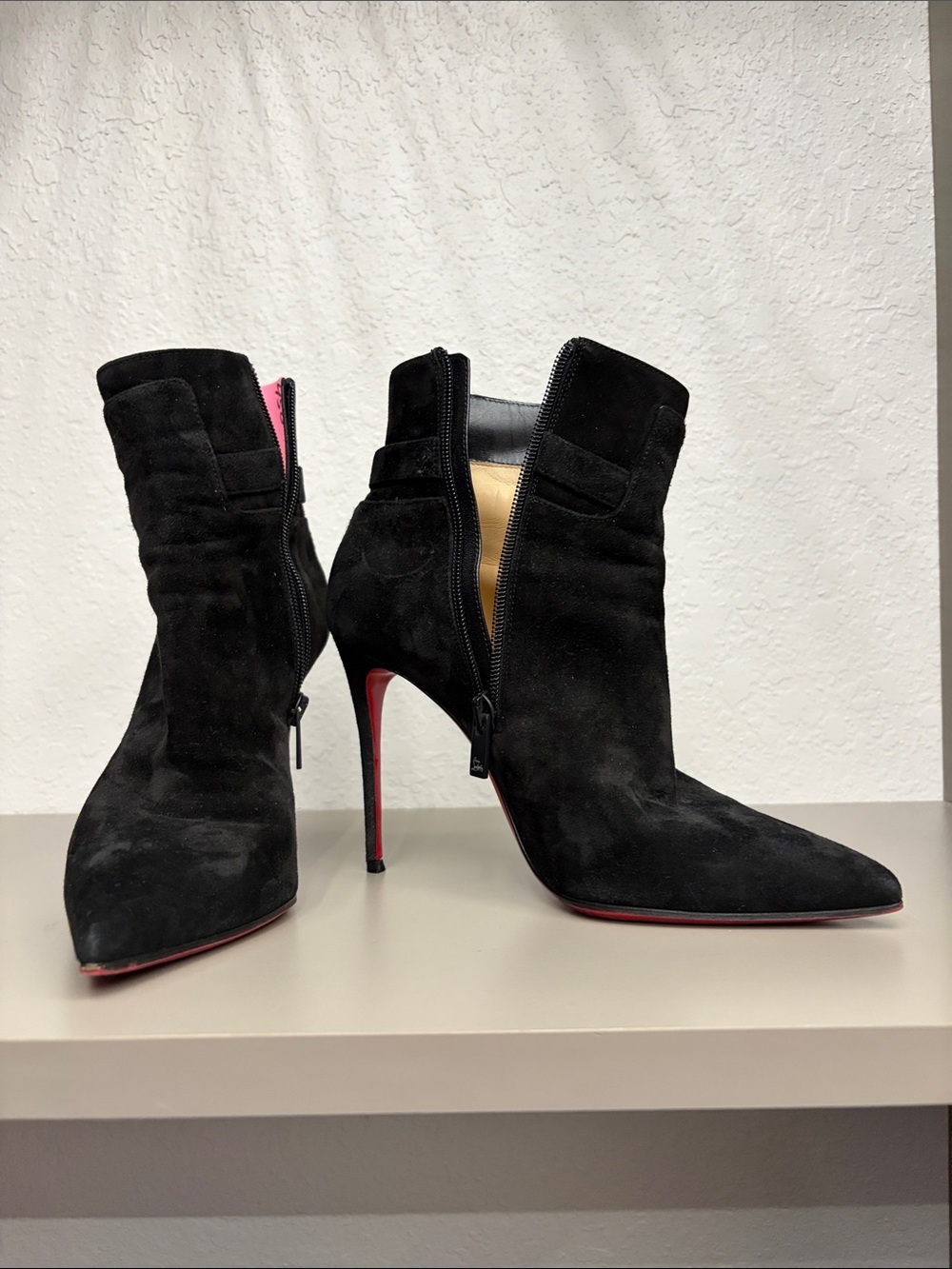 Christian Louboutin Black Suede Pointed Ankle Booties with Red Sole